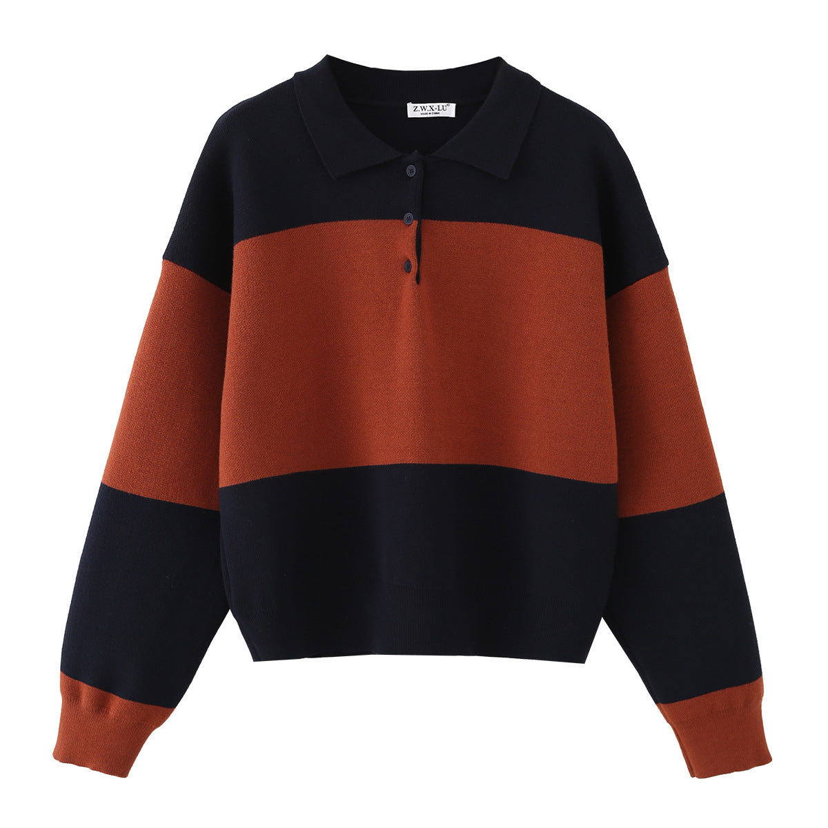 Women Oversized Polo Collar Sweater with Block Stripes Fashion Glam