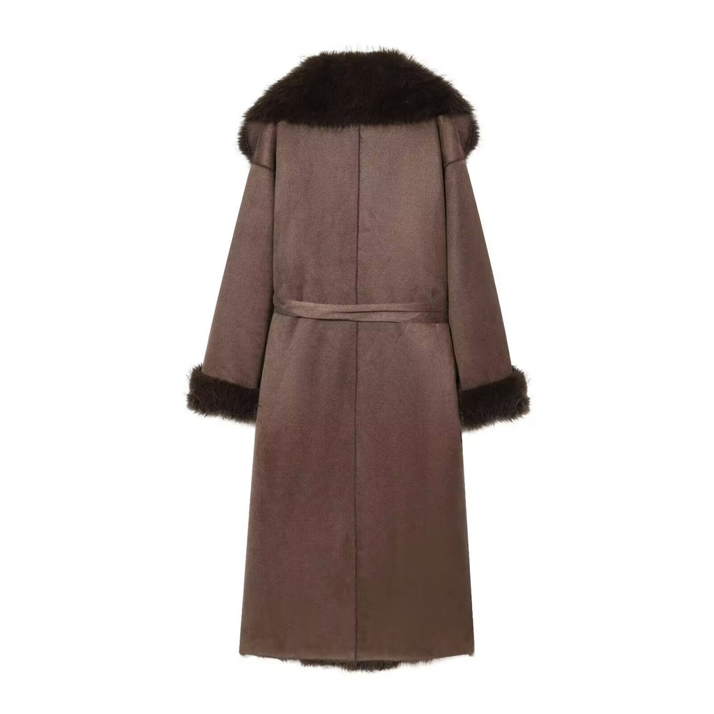 Women's Long Sheepskin Look Coat with Hood, Tie Belt and Faux Fur Trim Fashion Glam