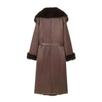 Women's Long Sheepskin Look Coat with Hood, Tie Belt and Faux Fur Trim Fashion Glam