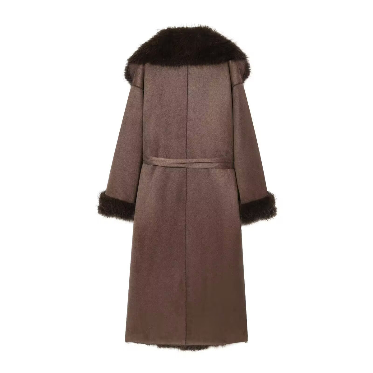 Women's Long Sheepskin Look Coat with Hood, Tie Belt and Faux Fur Trim Fashion Glam