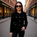 Women Short-Cut Boucle Blazer with Round Neckline, Four Flap Pockets and Gold Decorative Buttons Fashion Glam