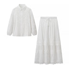 Ladies Two-Piece Embroidered Anglaise Set with Button Blouse and Tiered Maxi Skirt Fashion Glam