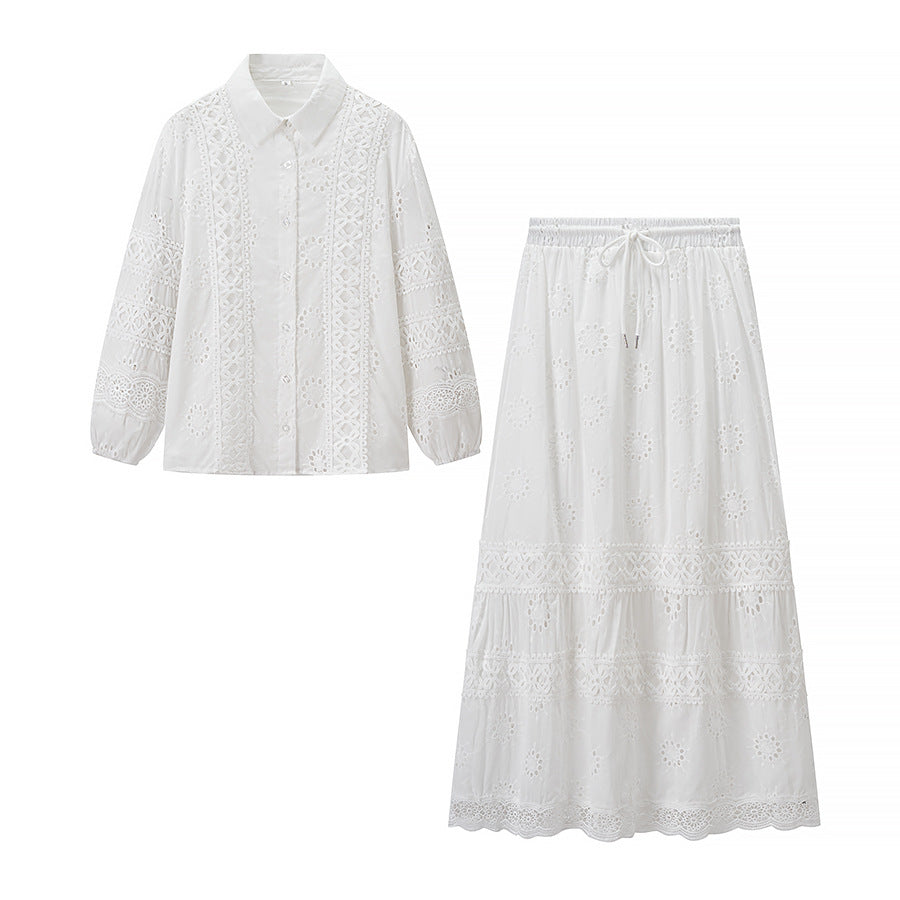 Ladies Two-Piece Embroidered Anglaise Set with Button Blouse and Tiered Maxi Skirt Fashion Glam