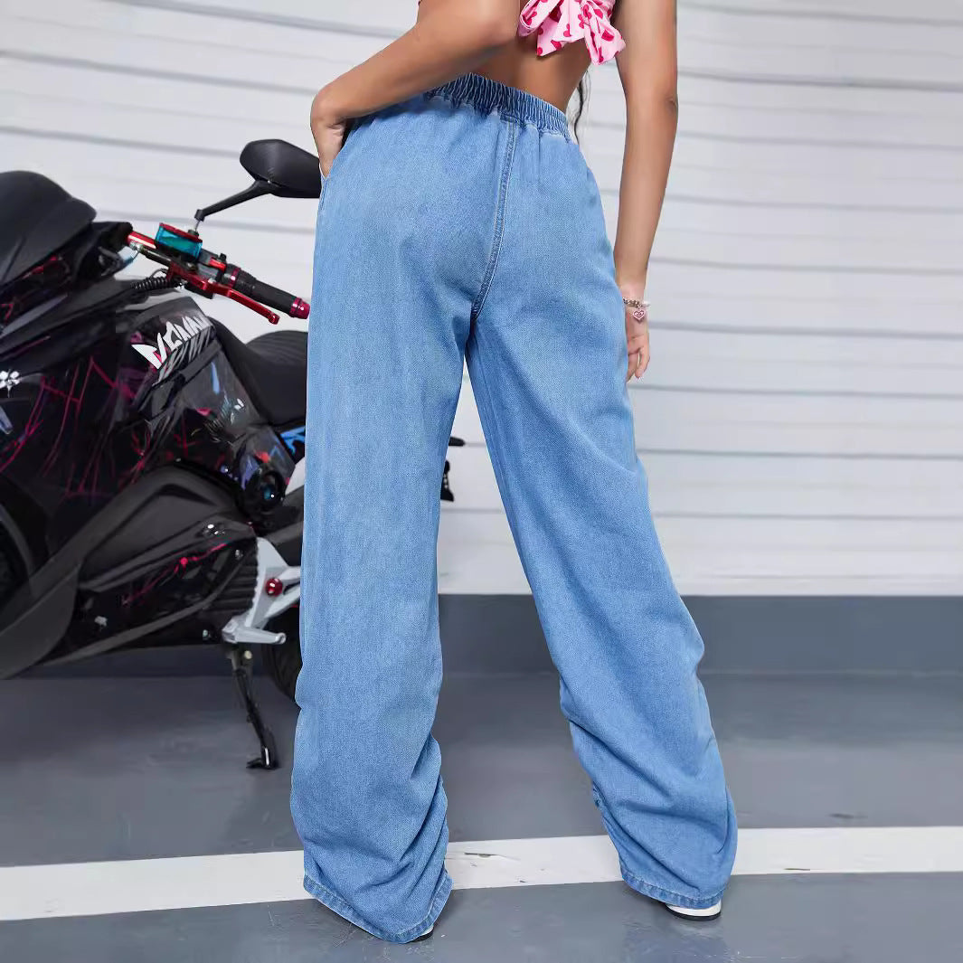 Women's Wide Denim Pants with Elastic Waistband and Gathered Hem Fashion Glam