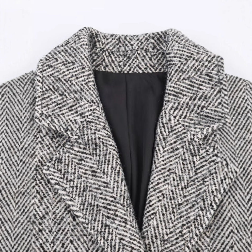 Women Oversized Coat with Herringbone Pattern and Deep Lapel Collar Fashion Glam