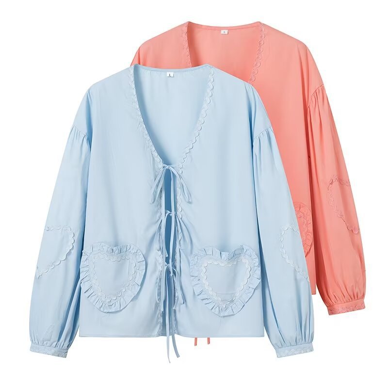 Ladies Playful V-Neck Blouse with Ruffled Heart Pockets and Front Ties Fashion Glam