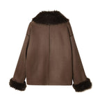 Women’s short jacket in lambskin look with voluminous fur collar and shortened sleeves Fashion Glam
