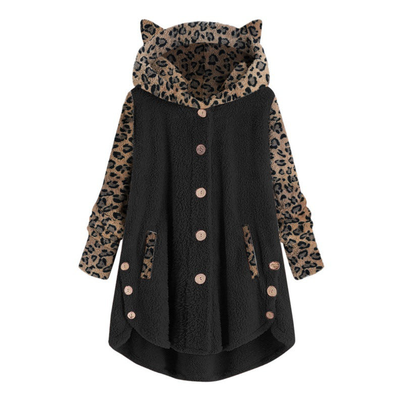 Women's teddy coat with hood, button placket, and contrasting leopard sleeves Fashion Glam