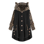 Women's teddy coat with hood, button placket, and contrasting leopard sleeves Fashion Glam