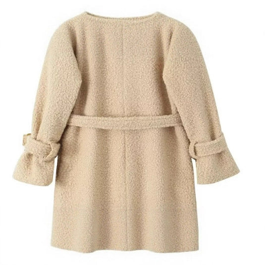 Women Long Teddy Coat in Trench Style with Double-Breasted Button Placket, Tied Belt, and Adjustable Cuffs Fashion Glam