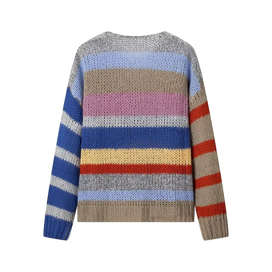Women Oversize Knit Sweater in Mohair Look with Colorful Block Stripes Fashion Glam