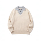 Unisex chunky knit boxy sweater with V-neck and contrasting polo button collar Fashion Glam