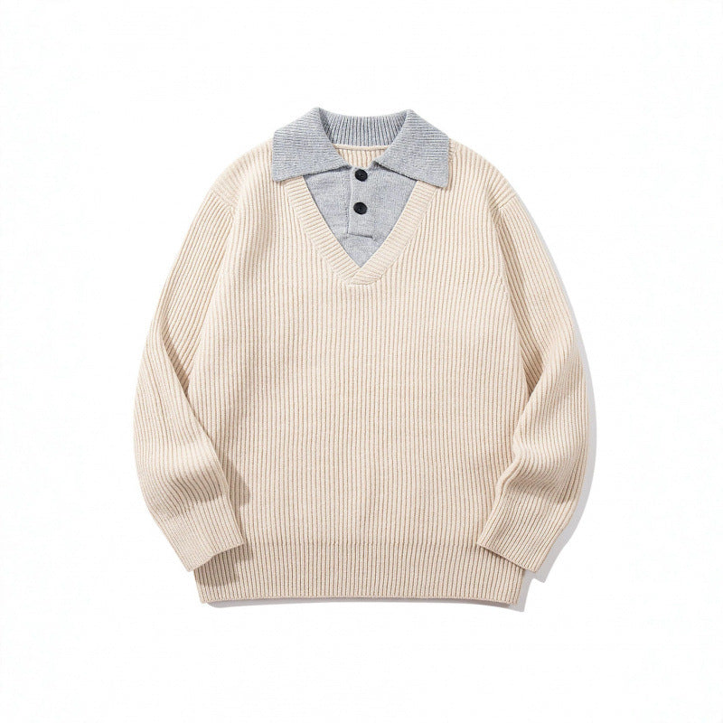 Unisex chunky knit boxy sweater with V-neck and contrasting polo button collar Fashion Glam