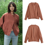 Women's Boxy Transitional Jacket with Round Neck, Decorative Stitching and Visible Button Placket Fashion Glam