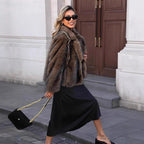 Ladies short jacket made of dense artificial fur with generous shawl collar Fashion Glam