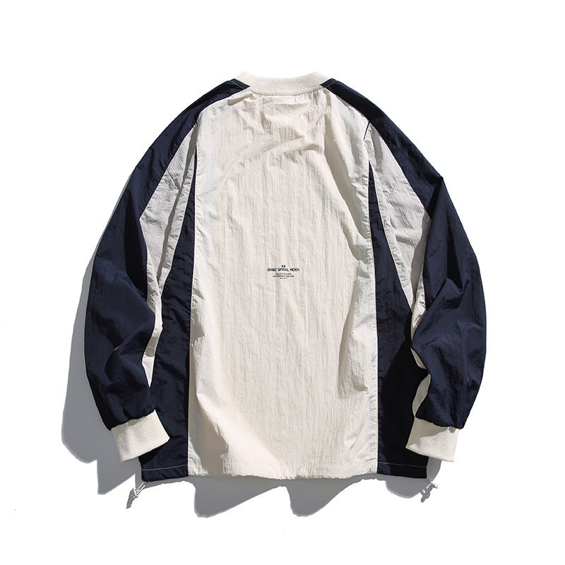 Unisex Loose-Fit Retro Sporty Long Sleeve Shirt with Contrast Panels and Drawstring Hem Fashion Glam