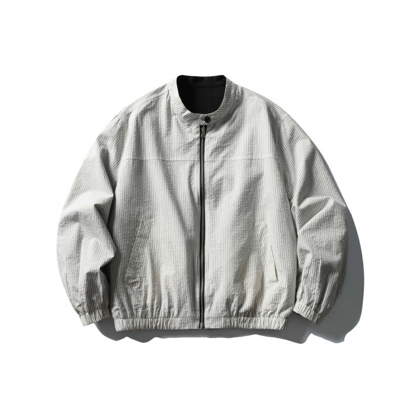 Unisex Light Oversized Bomber Jacket Made of Textured Fabric with Stand-Up Collar and Elastic Hem Fashion Glam