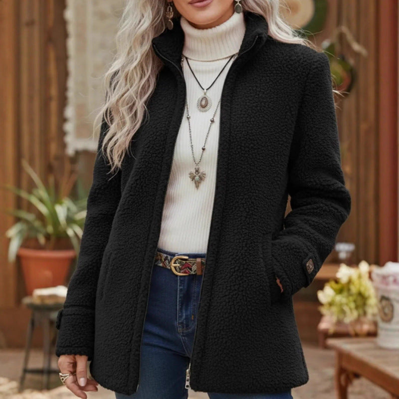 Women Cozy Teddy Cardigan Coat with Stand-Up Collar, Hidden Zipper and Decorative Button Cuffs Fashion Glam