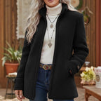 Women Cozy Teddy Cardigan Coat with Stand-Up Collar, Hidden Zipper and Decorative Button Cuffs Fashion Glam