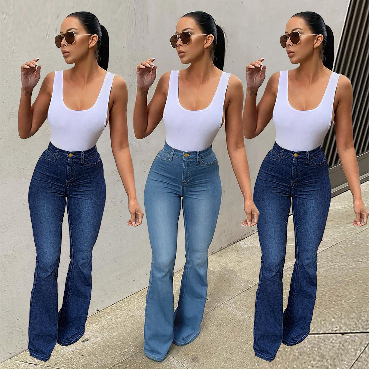 Women's High-Waisted Stretch Jeans with Flared Leg and Figure-Flattering Fit Fashion Glam
