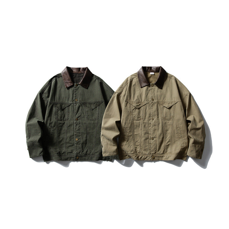 Men's Boxy Canvas Jacket with Leather Collar and Overshirt Silhouette Fashion Glam