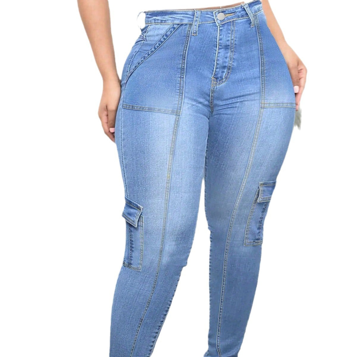 Women’s High-Waisted Cargo Skinny Jeans with Decorative Stitches Fashion Glam
