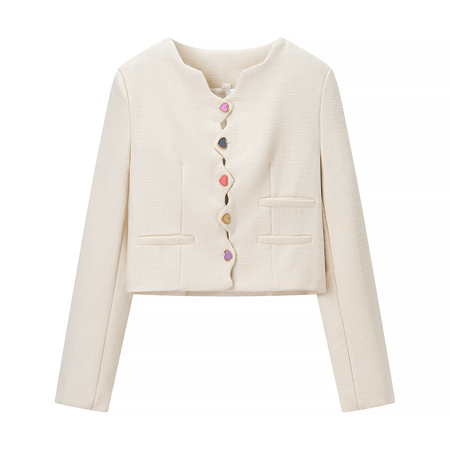 Women Short Cut Boucle Jacket with Curved Button Placket and Decorative Heart Buttons Fashion Glam