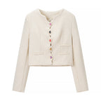 Women Short Cut Boucle Jacket with Curved Button Placket and Decorative Heart Buttons Fashion Glam