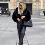 Women Short Boxy Faux Fur Blouson with Voluminous Shawl Collar Fashion Glam