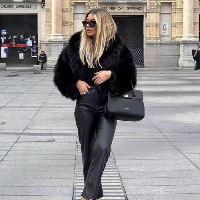 Women Short Boxy Faux Fur Blouson with Voluminous Shawl Collar Fashion Glam