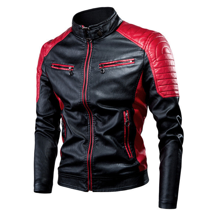 Men's Slim Fit Motorcycle Faux Leather Jacket with Contrast Panels, Quilted Shoulders and Zipper Pockets Fashion Glam