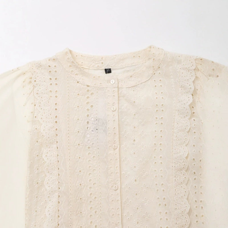 Ladies Broderie Anglaise Cotton Blouse with Ruffle Trim and Balloon Sleeves Fashion Glam