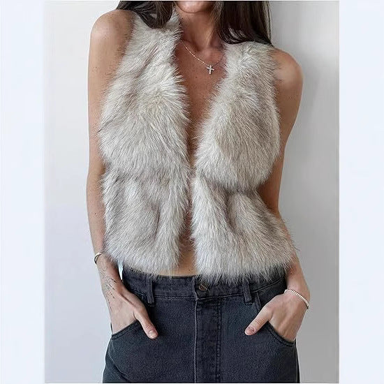 Women's Sleeveless Cropped Faux Fur Set with Mini Skirt and Fluffy Cuffs Fashion Glam