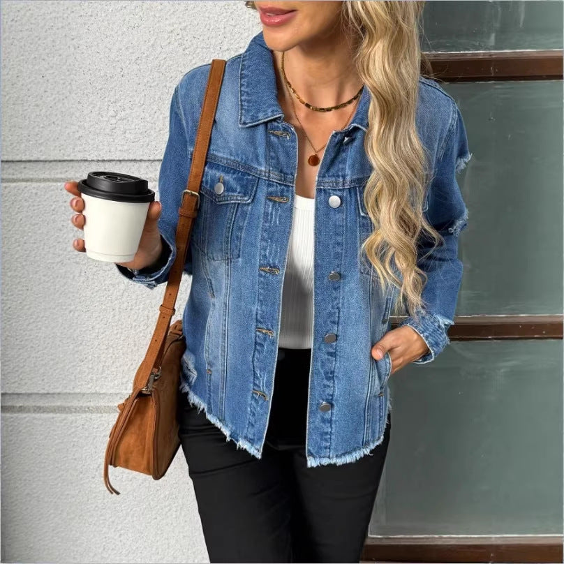 Women's denim jacket with casual destroyed sleeves and raw hem Fashion Glam