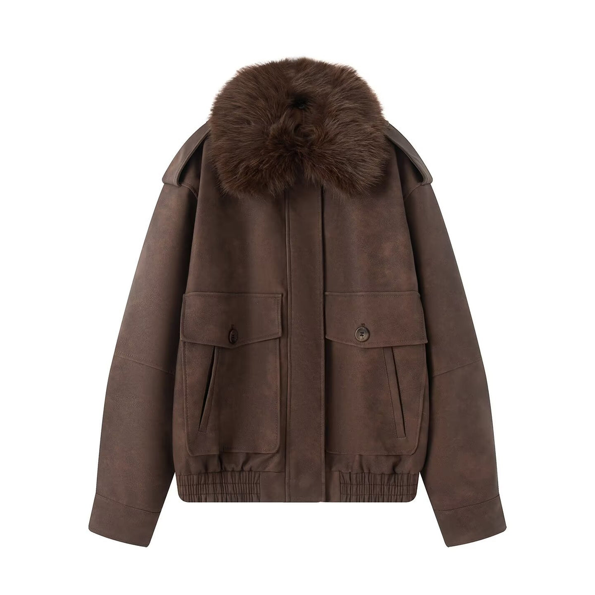 Women's Oversize Bomber Jacket in Suede Look with Removable Fur Collar Fashion Glam