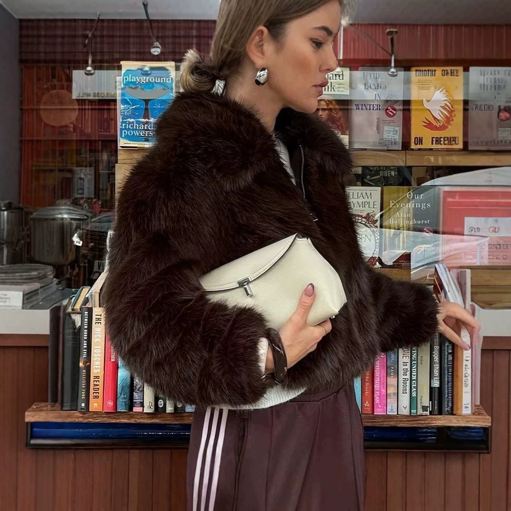 Women's Cropped Faux Fur Boxy Jacket with High Stand-Up Collar and Extra Soft Long Pile Fashion Glam