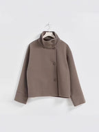Women's short cut boxy jacket with stand-up collar and asymmetrical button placket Fashion Glam