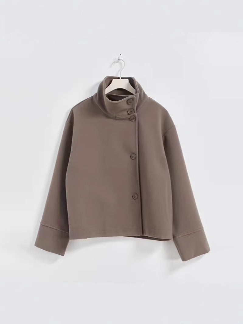 Women's short cut boxy jacket with stand-up collar and asymmetrical button placket Fashion Glam