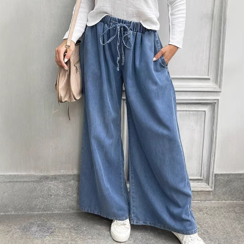 Women's Relaxed Palazzo Jeans with Drawstring Waist, Side Pockets and Extra Wide Leg Fashion Glam