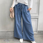 Women's Relaxed Palazzo Jeans with Drawstring Waist, Side Pockets and Extra Wide Leg Fashion Glam
