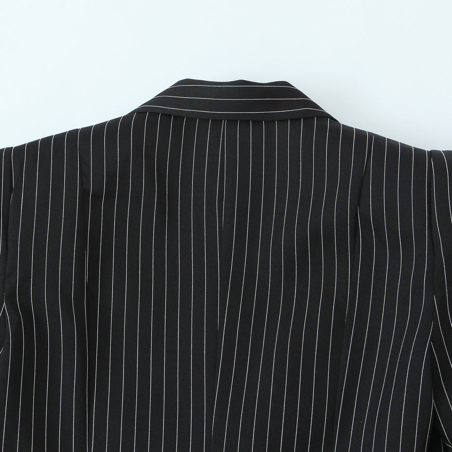 Women Double-breasted Oversized Blazer with Pinstripes and Distinctive Shoulder Pads Fashion Glam