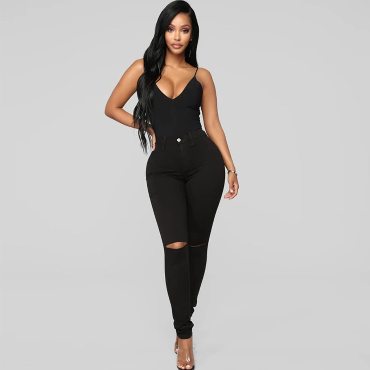 Women's High-Waist Skinny Jeans with Knee Rips and Figure-Flattering Cut Fashion Glam