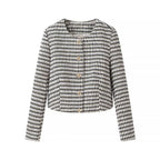 Women Short-Cut Boucle Tweed Blazer with Houndstooth Pattern and Decorative Buttons Fashion Glam