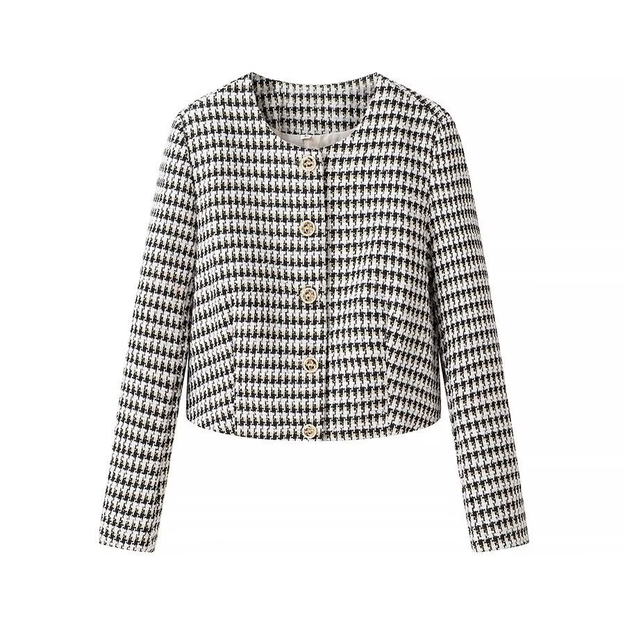 Women Short-Cut Boucle Tweed Blazer with Houndstooth Pattern and Decorative Buttons Fashion Glam