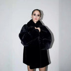 Women's boxy short coat made of silky shiny high-pile artificial fur with a large shawl collar Fashion Glam