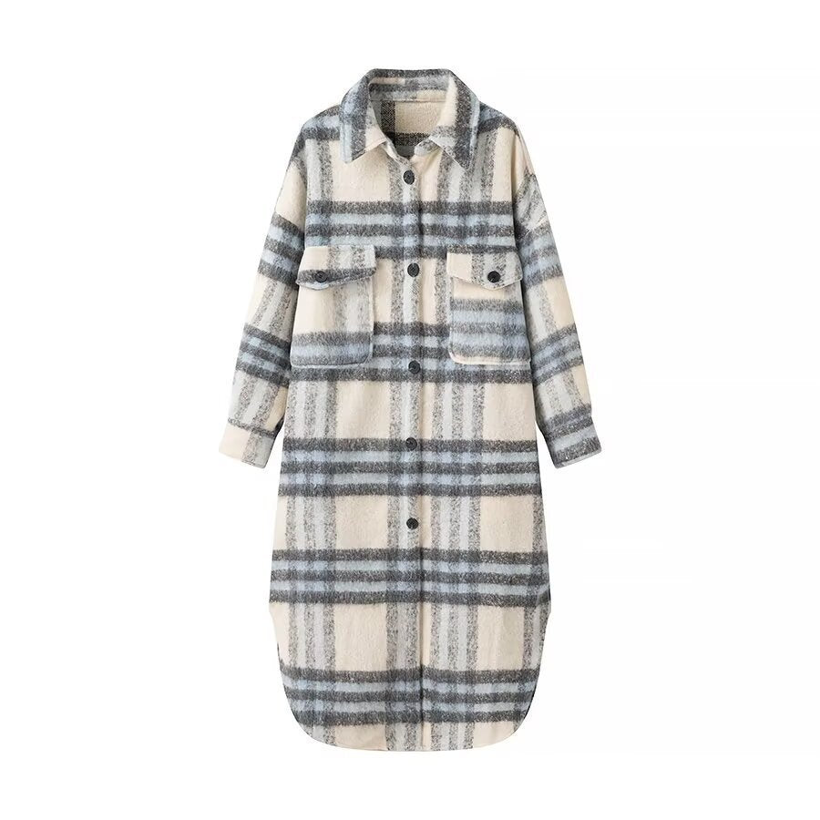 Women’s Oversize Checked Teddy Longline Shirt Coat with Applied Breast Pockets Fashion Glam