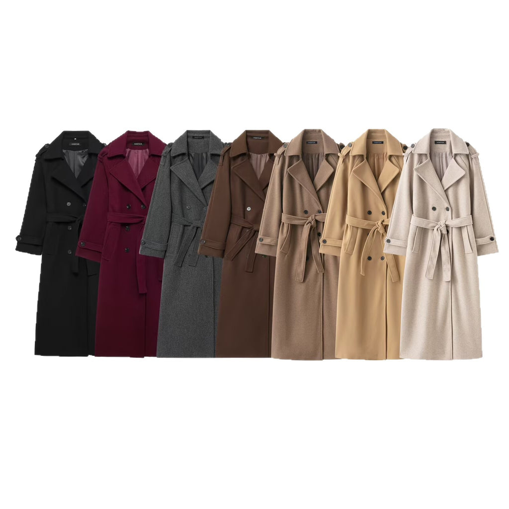 Women Long Double-breasted Trench Coat with Belt and Shoulder Straps Fashion Glam