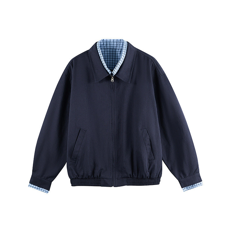 Men's Lightweight Bomber Jacket with Zipper, Checked Lined Collar and Elastic Hem Fashion Glam
