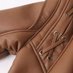 Women's Short Faux Leather Jacket with Teddy Lining, Shawl Collar and Waist Belt Fashion Glam