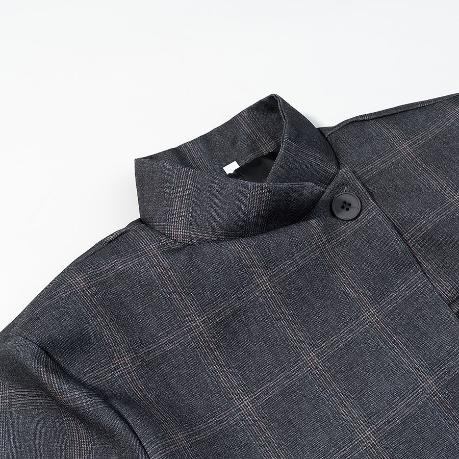 Men's Asymmetrical Stand Collar Blazer with Check Pattern and Hidden Button Placket Fashion Glam